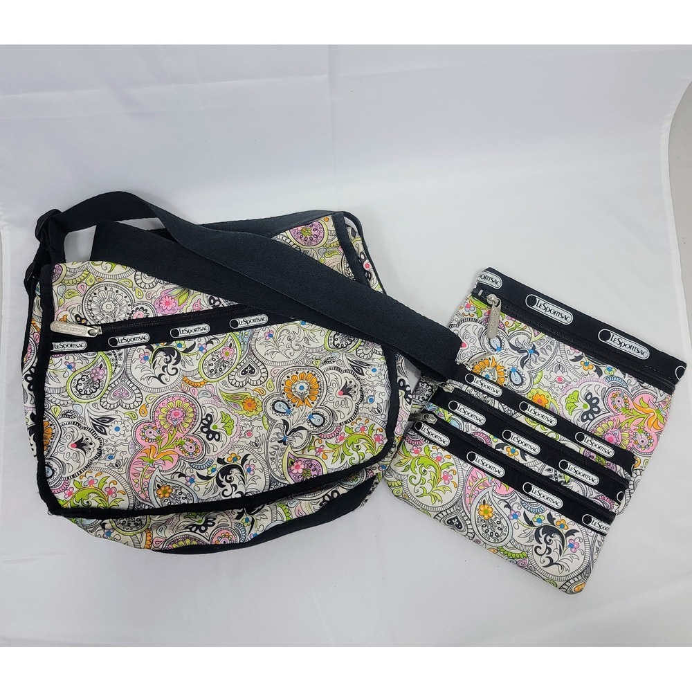 LeSportsac Paisley Nylon Crossbody Bag Set with Matching Zippered Pouches